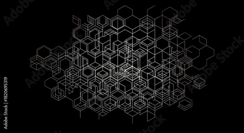 Abstract geometric pattern of interconnected hexagons and cubes on a black background, creating a complex, futuristic design.