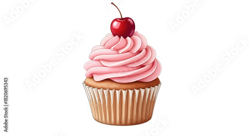 Cupcake with pink frosting and a cherry on top hand-drawn illustration perfect for dessert menus and sweet treat designs.