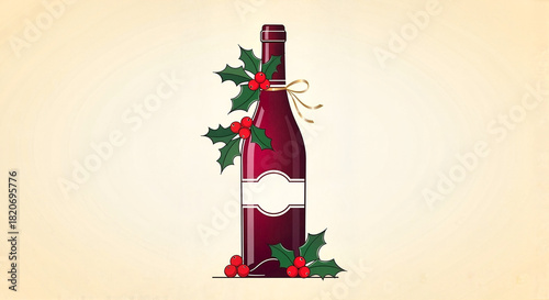 Wine bottle decorated with holly and ribbon for New Year's and Christmas banners  