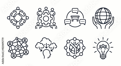 A clean and modern set of 6 thin-line vector icons representing teamwork, collaboration, group discussion, brainstorming, and connected people. Minimal design, white background, perfect for business, 