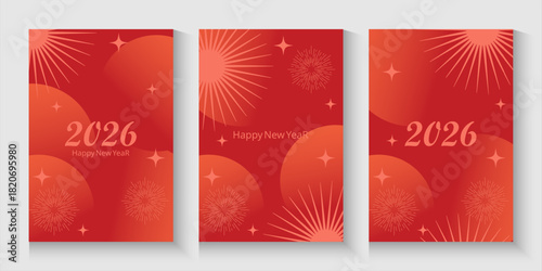 Chinese New Year 2026 horizontal banner with fireworks on red  background and place for your text. Celebrating, new year 2026, independence day. Vector design for web, social media post, advertising, 