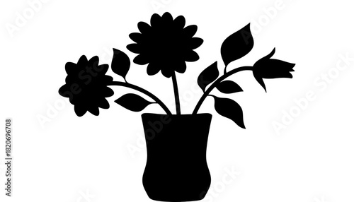 Elegant silhouette of blooming flowers in a vase on a white background.
