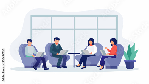 Diverse team collaborating and working remotely on laptops in a modern office lounge area with large windows