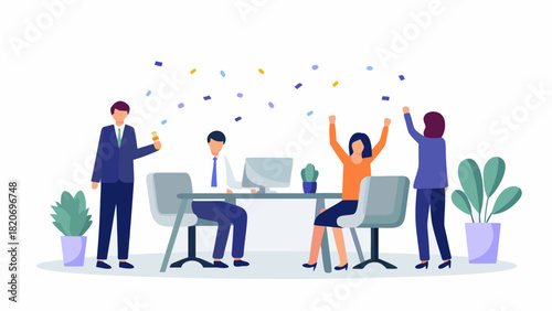 Office celebration with confetti and cheerful colleagues achieving success together in a modern workspace