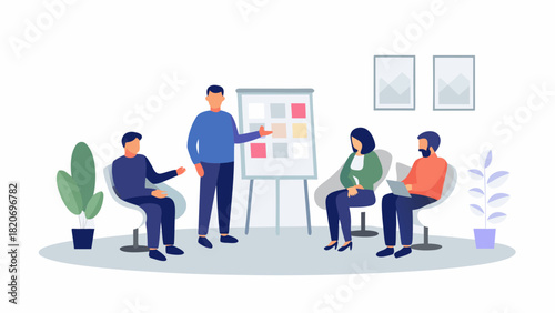 Diverse team collaborates in a modern office meeting presenting ideas on a whiteboard with plants and artwork enhancing the professional atmosphere