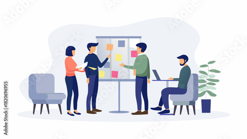 Diverse team collaborates on a project using a whiteboard with sticky notes fostering innovation and brainstorming in a modern office setting