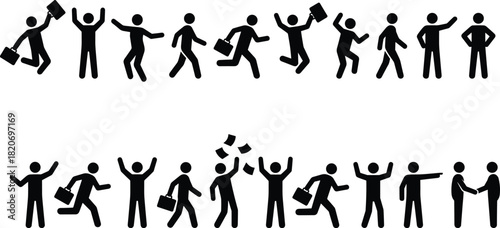Business stick figures, office celebration, teamwork icons, dynamic poses, success concept, professional gestures, motivation, collaboration, silhouette actions, energy