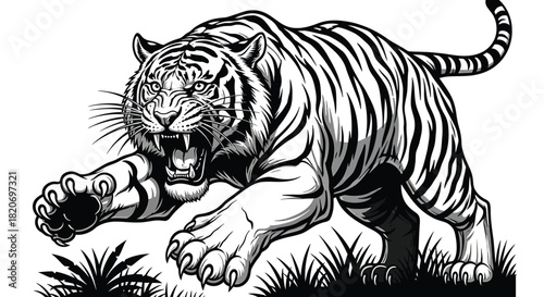 Dynamic black and white illustration of a fierce tiger in an aggressive pouncing stance, showcasing its sharp fangs and extended claws