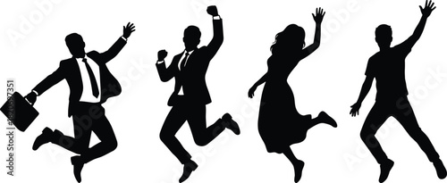 Jumping silhouettes, celebration pose, business success, casual joy, expressive movement, airborne figures, energy, emotion, achievement, professional attire