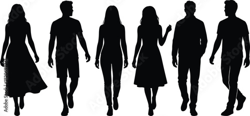 Walking silhouettes, diverse clothing, human motion, casual fashion, male female mix, posture variation, profile view, white background, stride concept