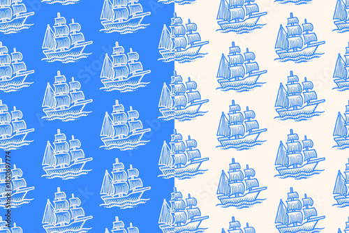 Sailing ship hand drawn seamless pattern on blue beige background for nautical and coastal merchandise. Galleon engraving doodle pattern background. Marine vessel hatching motif wallpaper