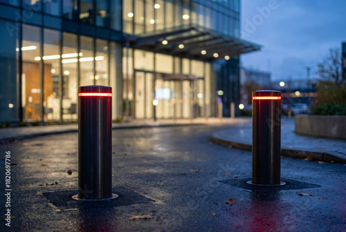 Retractable Security Bollards with Red Lights at Entrance