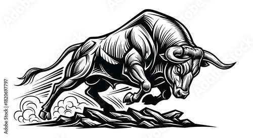 Dynamic black and white illustration of a bull charging, symbolizing strength, aggression, and determination, for finance and market
