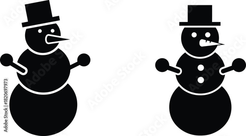 Two snowmen with top hats in black and white silhouette style