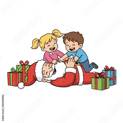 Kids Tickling Santa Claus – Cute and Fun Christmas Scene