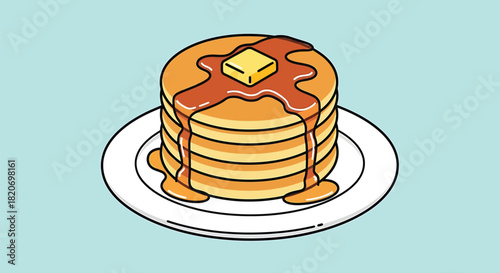 A delicious stack of golden pancakes with rich maple syrup dripping down the sides and a pat of melting butter on top, served on a white plate