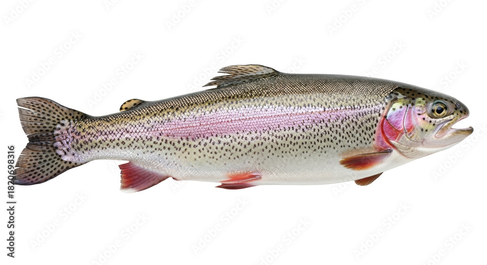 Obraz premium Isolated Rainbow Trout swimming, fish with pink stripe and open mouth, full view side profile
