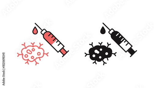 Medical syringe with drop of liquid poised over a stylized representation of cells or virus