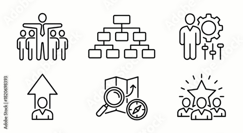A professional set of 6 thin-line vector icons illustrating leadership, management, strategy planning, hierarchy, and team guidance. Clean outline style ideal for business presentations and corporate 