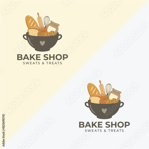 Bake shop logo with mixing bowl heart and bakery items in stylized design