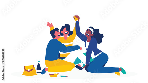 A vibrant flat vector illustration depicting a diverse group of friends sharing laughter and enjoying a joyful moment together symbolizing friendship and happiness