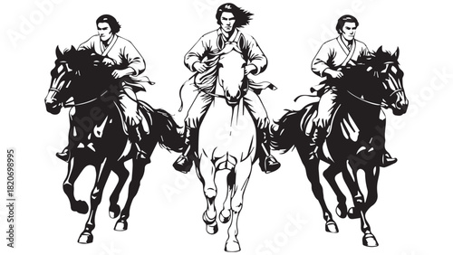 Three riders on horseback, one white horse, two black horses, vector illustration.