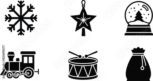 Christmas holiday icons collection snowflake star snow globe train drum and gift bag