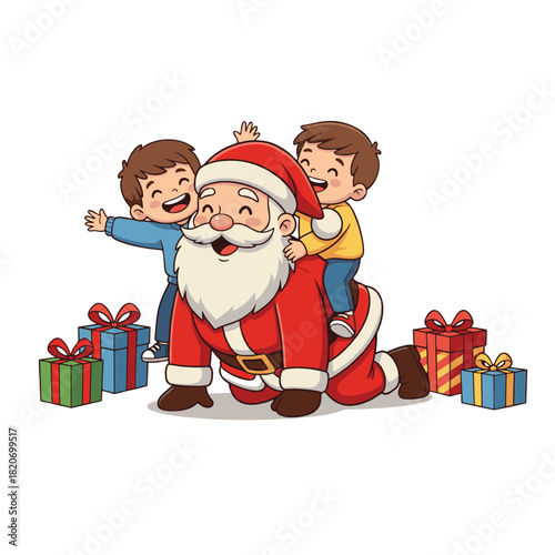 Santa Claus Giving Piggyback Ride to Kids – Christmas Fun Scene