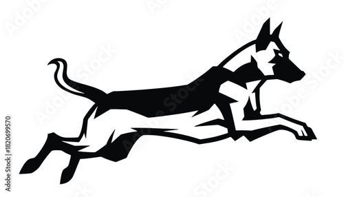 Dynamic black and white illustration of a dog in mid-leap, capturing motion and power.
