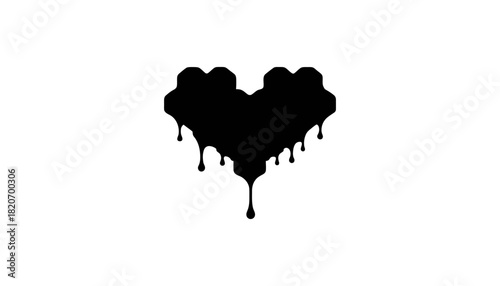 Black heart symbol with melting drips on a white background, symbolizing sadness or broken love.