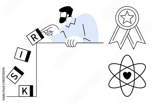 Man carefully placing a block labeled R to prevent RISK collapse, star badge emphasizing reward, and atom with heart symbolizing balance. Ideal for strategy, success, planning, innovation, caution