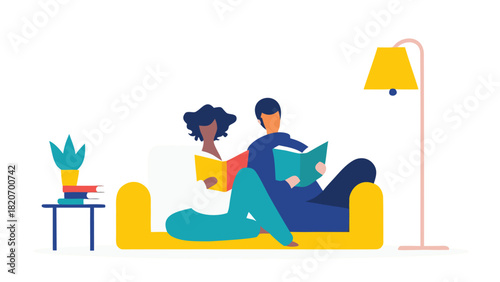 Charming flat vector illustration depicting a loving couple engrossed in reading together perfect for lifestyle education or home decor themes