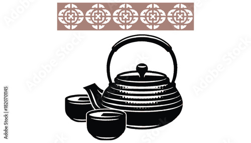 Traditional teapot and cups for serene tea ceremony, evoking calm and cultural heritage.