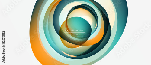 Abstract swirling lines create dynamic circular pattern. Colors blendteal, orange, whiteforming modern background design. Smooth gradients enhance visual appeal.