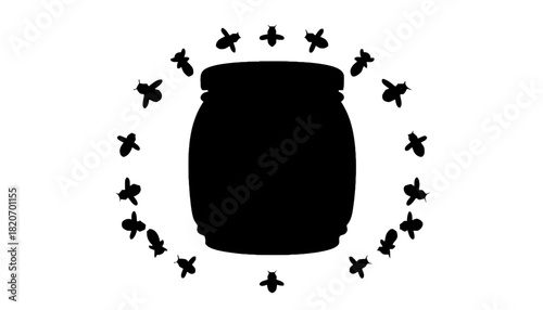 Silhouette of a jar surrounded by a swarm of bees, symbolizing nature's bounty and sweet rewards.