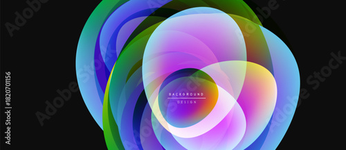 Abstract colorful circles overlap creating vibrant design. Gradient hues blend, forming dynamic visual effect. Modern background element.