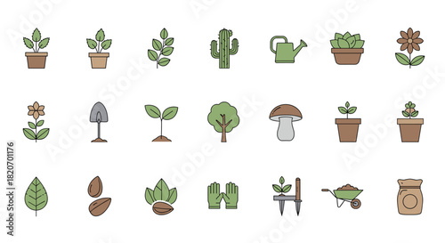 Cultivate Growth with Vibrant Garden Icons Plants Flowers and Tools for Your Design Projects Nature's Palette for Eco Friendly Creative Ventures, Generative AI.