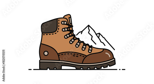 Stylish hiking boot with mountain backdrop inspires adventure and outdoor exploration perfect for blogs travel guides and outdoor gear promotions, Generative AI.
