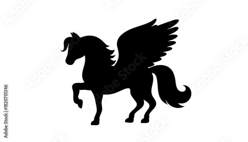 Majestic winged horse silhouette soaring against a white background, symbolizing freedom and myth.