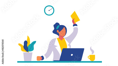 Flat vector illustration of a person working remotely featuring a modern home office setup with a laptop and desk conveying productivity and flexibility in a clean graphic style