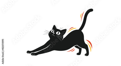 A playful black cat arching its back and stretching its front legs out in a classic feline pose with motion lines indicating movement.