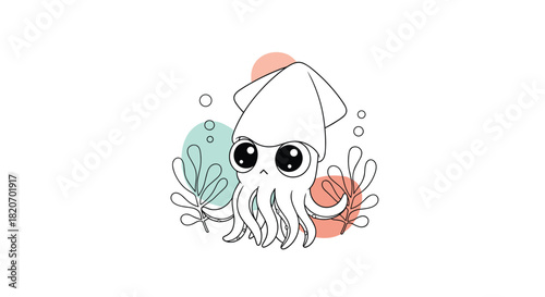 A simple black and white coloring page style illustration of a sad-looking baby squid with large eyes among abstract sea plants.