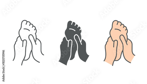 Hands gently massaging a human foot in three different illustration styles, representing relaxation and wellness.