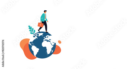 A businessman in a suit carrying a briefcase walks on top of the planet earth representing global business and international travel.