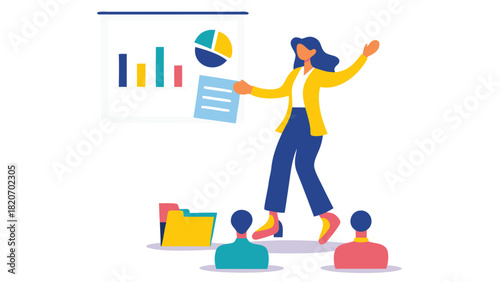 Flat vector illustration of a woman presenting or giving something with a clean modern aesthetic and vibrant colors