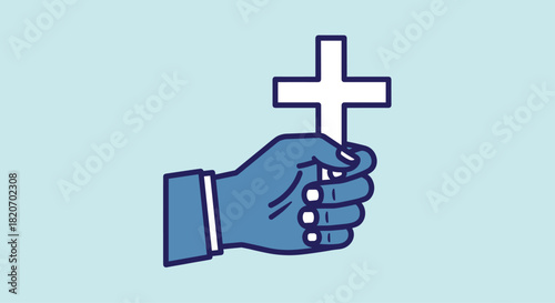 Uplifting faith concept: A hand holding a cross against a serene blue background symbolizing hope belief and spiritual strength in times of challenge, Generative AI.