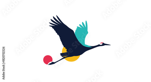 A stylized illustration of a Japanese red-crowned crane in flight with colorful wings against abstract representations of the sun and moon.