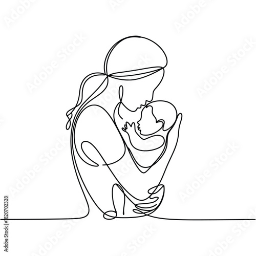 Continuous line drawing of mother holding her baby tenderly