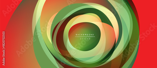 Abstract circular design. Layers create dynamic visual effect. Red background complements green, orange hues. Modern, stylish composition.