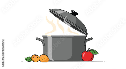 A simple illustration of a steaming gray cooking pot with the lid slightly ajar surrounded by fresh apples and apricots on a counter.